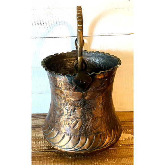 Antique Vintage Persian Copper Bucket Pot with Handle 13" Tall Top of Handle - Picture 8 of 13